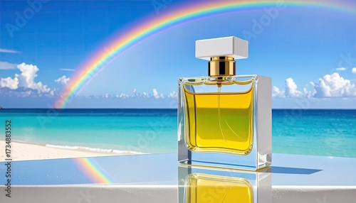 Fototapeta Naklejka Na Ścianę i Meble -  Perfume bottle on a beach with rainbow, clouds, and sea in background. For ads