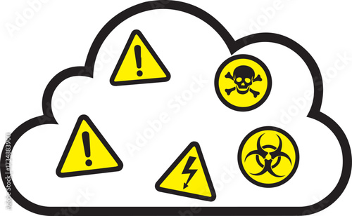 Crucial cloud security warnings safeguarding digital assets from cyber threats and data hazard symbols.