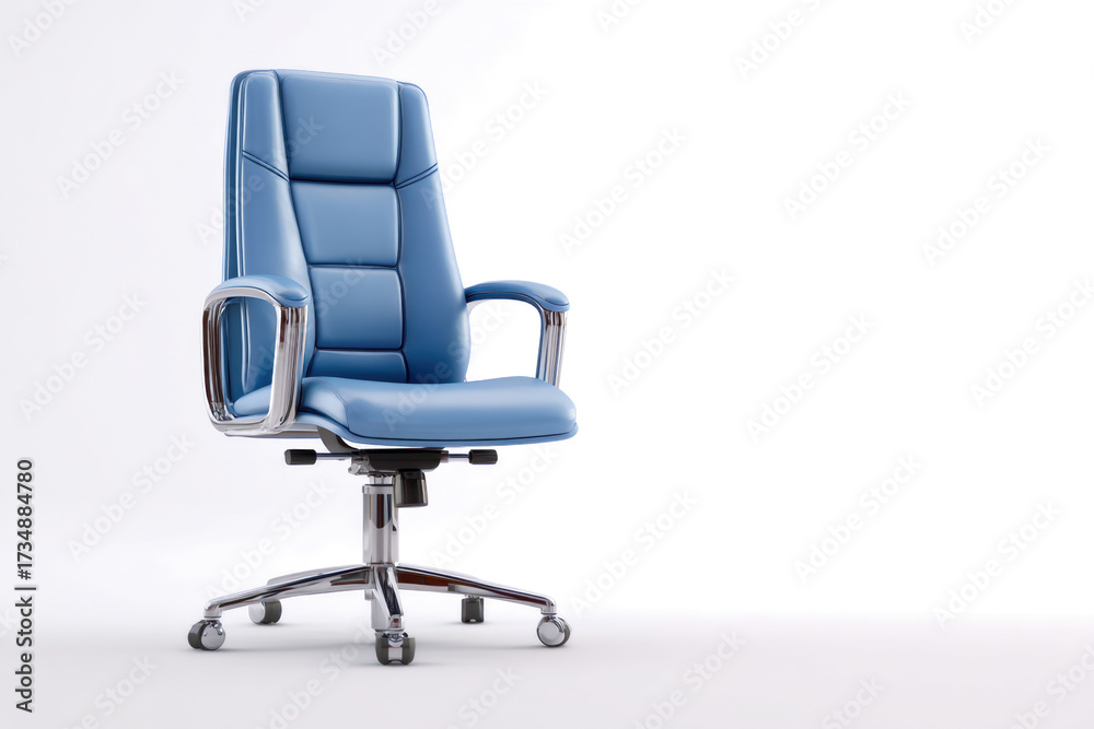 Ergonomic blue leather office chair modern design with chrome accents isolated on white background for business and comfort