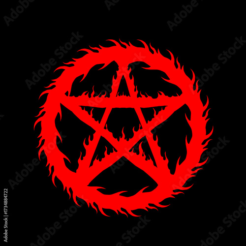 Red flaming pentagram inside a fiery circle on black background. Dark occult symbol with burning effect, representing mysticism, gothic, and heavy metal aesthetic