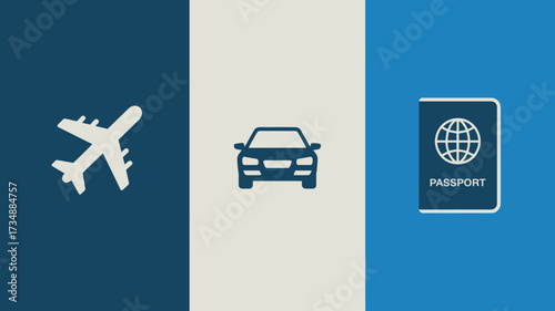 Minimalist travel icon set featuring airplane car and passport flat vector design for mobile app and infographic
