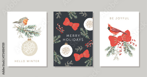 Christmas greeting cards template, text, white, black background. Cardinal bird, robin bird, fir twigs, red berries, bow, ball. Vector xmas illustration. Winter forest