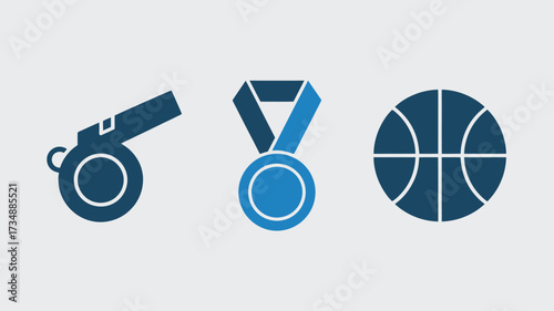 Sports equipment icon set featuring a whistle medal and basketball simple flat vector design element isolated on white background