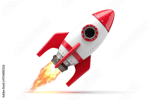 Fototapeta Naklejka Na Ścianę i Meble -  Cartoon rocket ship launching 3D rendering of a toy rocket with flames isolated on white background