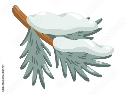 Cute cartoon snowy pine branch with green needles and white snow. Hand drawn vector isolated illustration. 