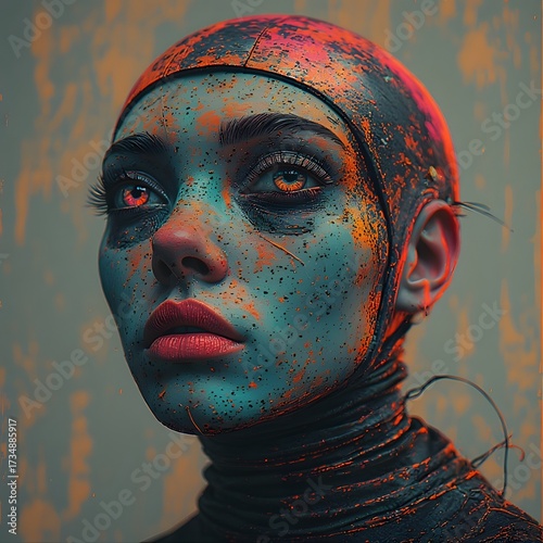Painting of a young woman with a portrait of her face in artistic makeup