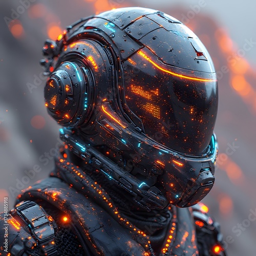 Spaceship in space with astronaut and alien surrounded by abstract colorful lights