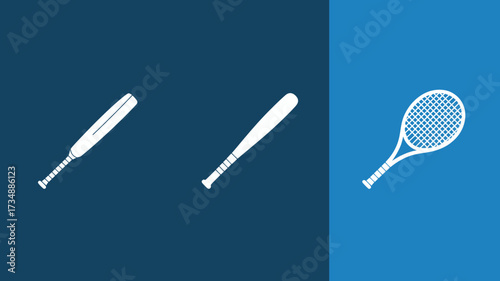 Baseball bat and tennis racket icons simple white glyphs on blue background vector illustration for sports equipment