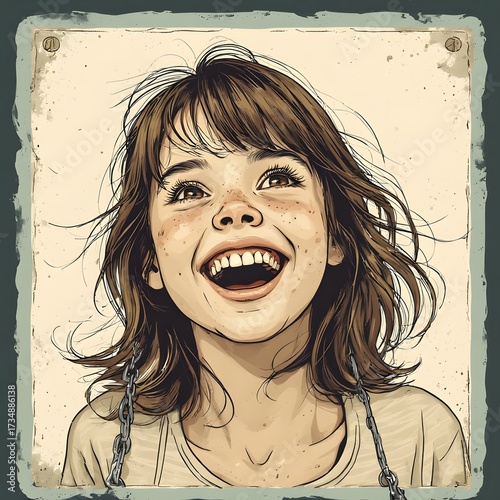 The young brunette woman with a funny expression has her mouth open in a scream as her teeth and tongue show in a shocking, yet beautiful and crazy face