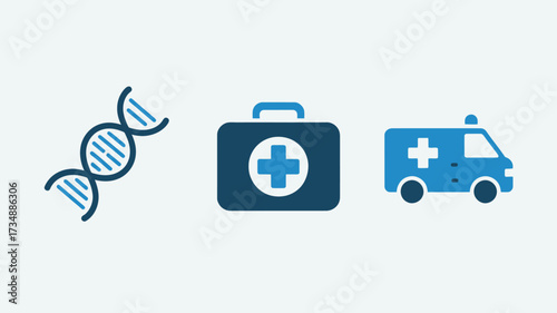 Set of medical icons including DNA first aid kit and ambulance simple flat vector design element for web and mobile apps isolated on white background