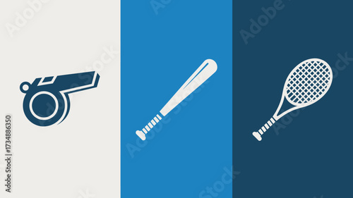 Sports equipment icon set featuring a whistle baseball bat and tennis racket vector illustration for app and web design