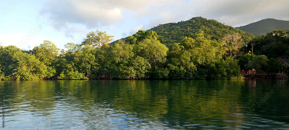 Fototapeta premium sea ​​in front of green trees, mountains in the background 