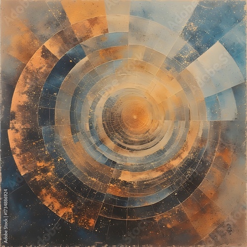 A digital, abstract grunge illustration of a radar-like screen pattern with circles creating a colorful motion tunnel concept