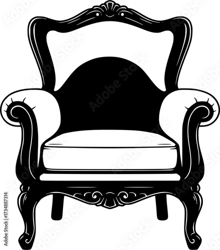 Classic armchair silhouette with tufted back and tapered legs isolated on white background
