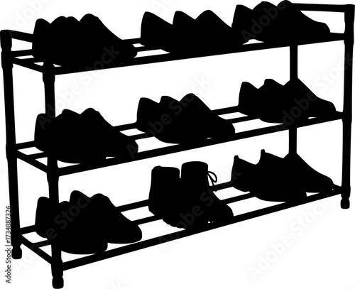 Two pairs of black shoes on a two tier shoe rack with a clean white background silhouette isolated on white background
