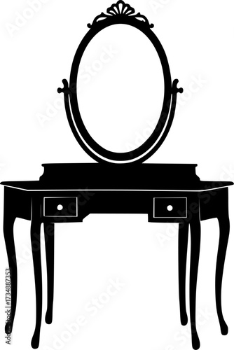 Elegant vintage vanity table with oval mirror silhouette isolated on white background
