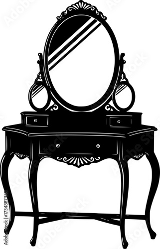 Elegant vintage vanity table with oval mirror silhouette isolated on white background
