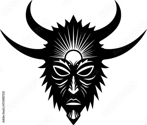 Intricate tribal mask silhouette with fierce expression isolated on white background
