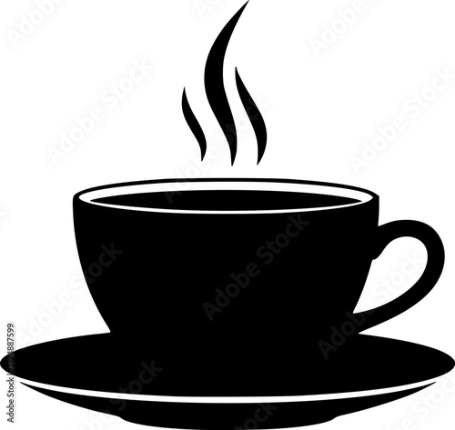 Stylized black silhouette of a steaming coffee cup and saucer isolated on white background
