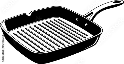 Black silhouette of a grill pan with raised ridges for cooking food isolated on white background
