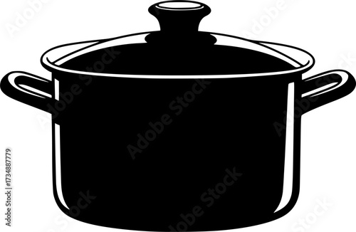 Black silhouette of a cooking pot with handles and a lid isolated on white background
