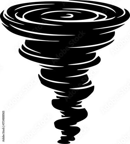 Black swirling vortex design silhouette isolated on white background
