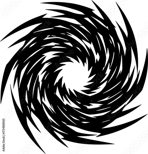 Black swirling vortex design silhouette isolated on white background
