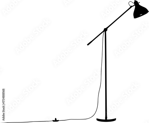 A tall black floor lamp with an adjustable head in silhouette isolated on white background
