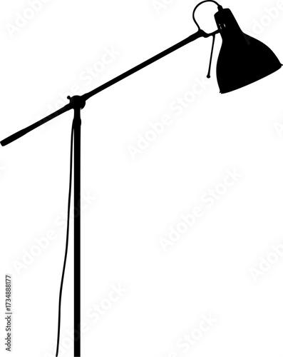 A tall black floor lamp with an adjustable head in silhouette isolated on white background
