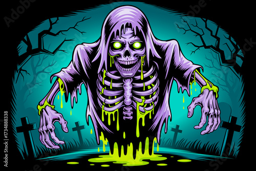 Creepy skeleton with glowing eyes vector illustration for Halloween design for sticker, t-shirt, logo, poster, banner, card, clipart. Halloween Cartoon Character skeleton. Skeleton Halloween design