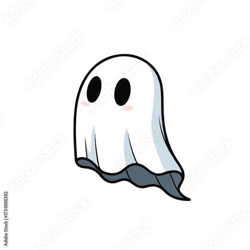 A cartoon ghost with black eyes and pink cheeks wearing a grey and black garment floating on a white background