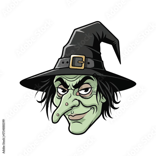 A cartoon head of a green witch wearing a black pointed hat with a gold buckle