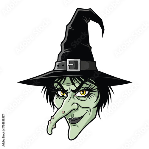 A cartoonstyle witch head with a pointy hat warts on her nose and yellow eyes