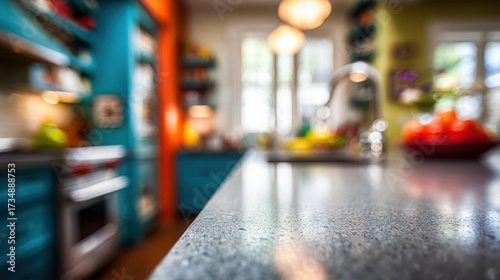 Wallpaper Mural Medium shot focusing on the texture of stainresistant paint in a busy kitchen area capturing vibrant color retention and a clean finish while appliances remain softly out of focus. Torontodigital.ca