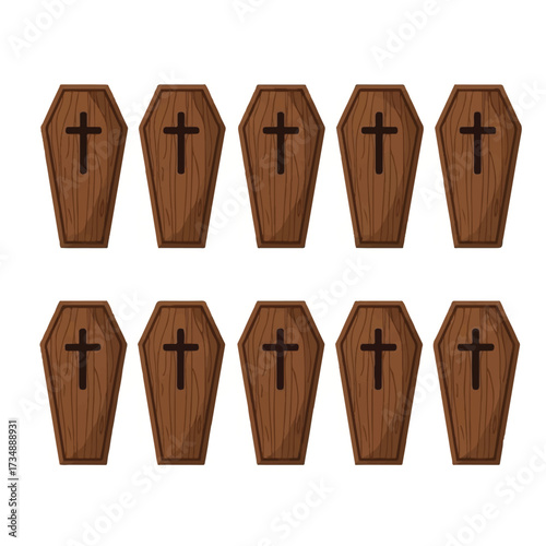 A grid of ten brown wooden coffins each adorned with a dark brown cross