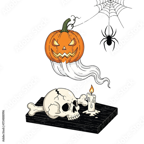 A Halloween scene shows a pumpkin ghost skull candle spider and web