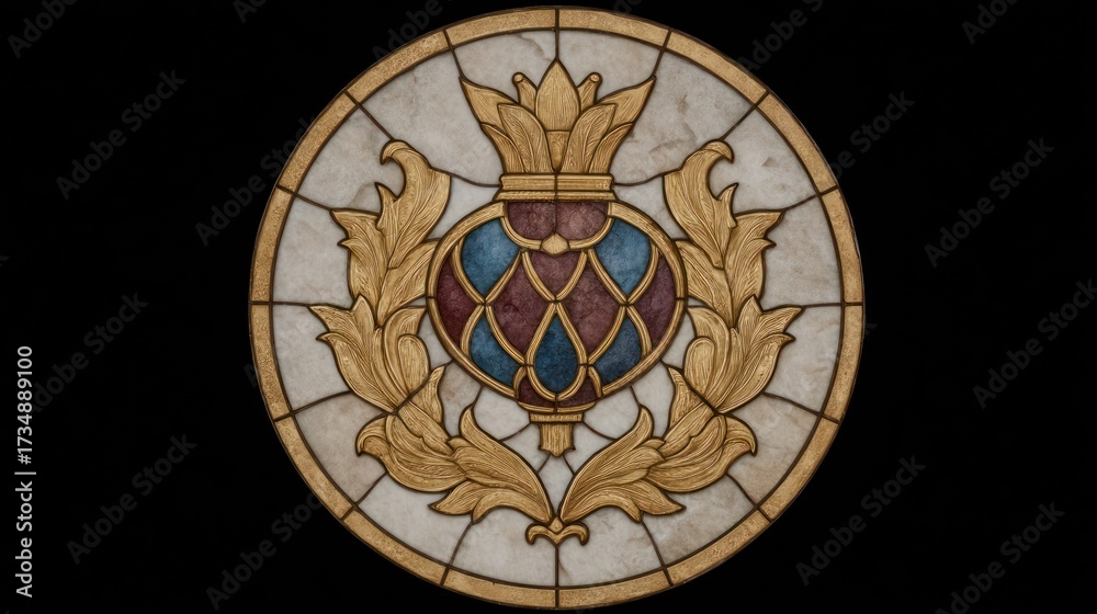 Obraz premium Stained glass window with ornate design in a circular shape on black background