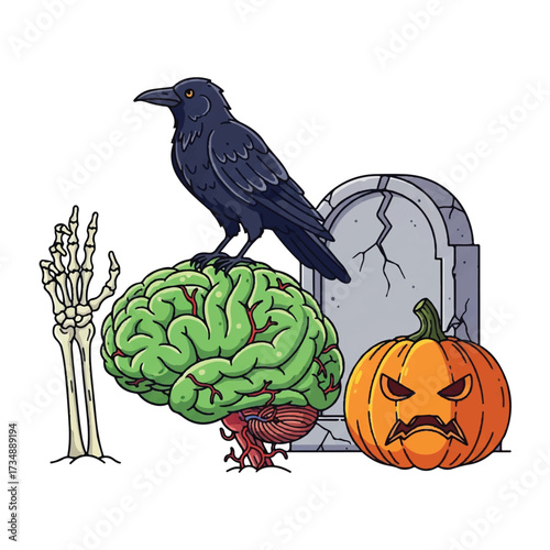 A Halloween scene with a raven on a brain tombstone skeleton hand and carved pumpkin
