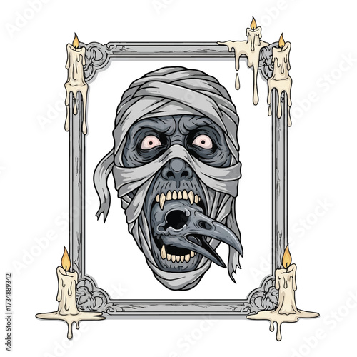 A mummylike head in a frame biting a bird skull surrounded by melting candles