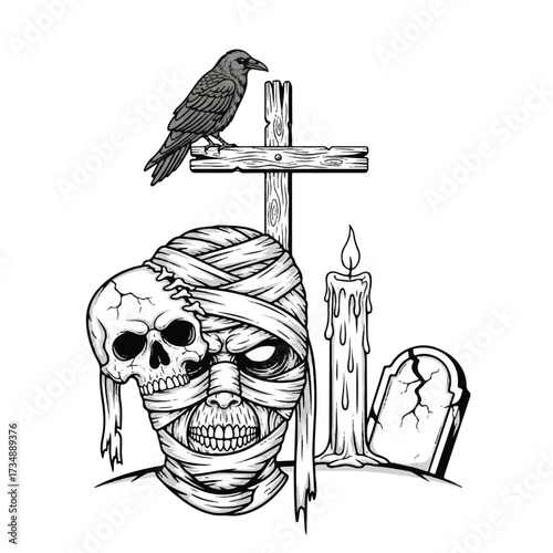 A mummy with a skull beside a candle and tombstone topped by a raven on a cross
