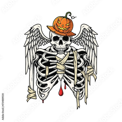 A skeleton with angel wings and a jackolantern hat