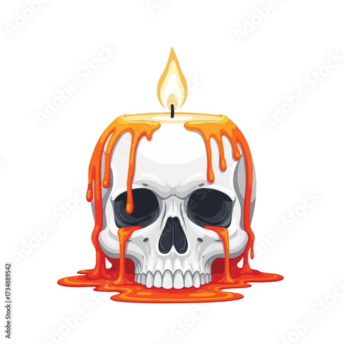 A skullshaped candle with orange wax dripping down from a burning wick