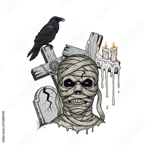 A stylized illustration features a mummys head a tombstone crosses candles and a crow perched atop one of the crosses