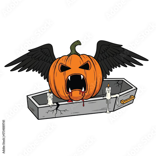 A winged vampirelike pumpkin sits atop a cracked coffin with melting candles