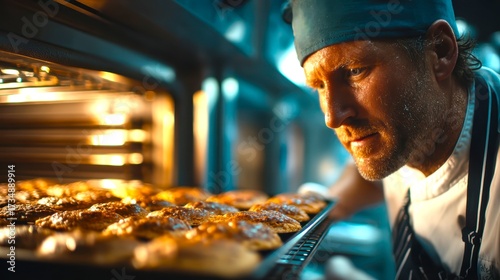 Chef Inspecting Freshly Baked Goods in a Commercial Kitchen Oven