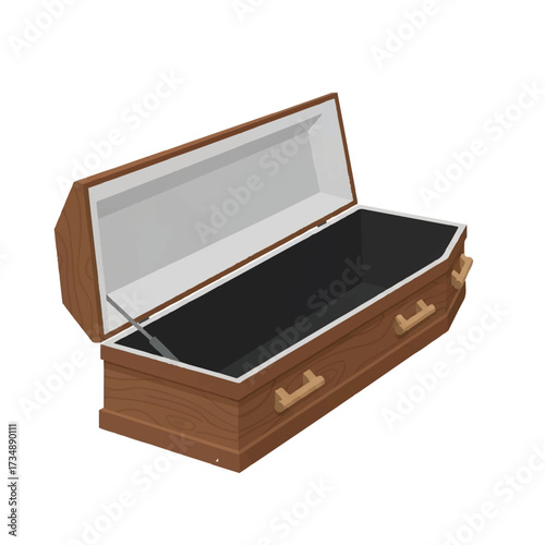 An open brown coffin with silver support and handles