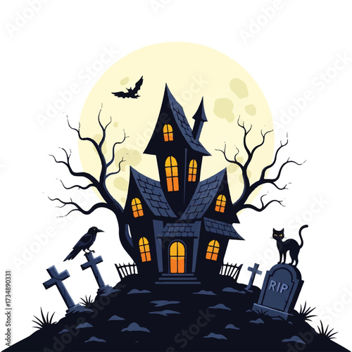 Dark haunted house with lit windows on a hill with tombstones under a full moon and bat alongside a black cat and crow
