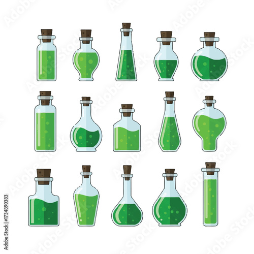 Fifteen potion bottles filled with green liquid and sealed with brown corks