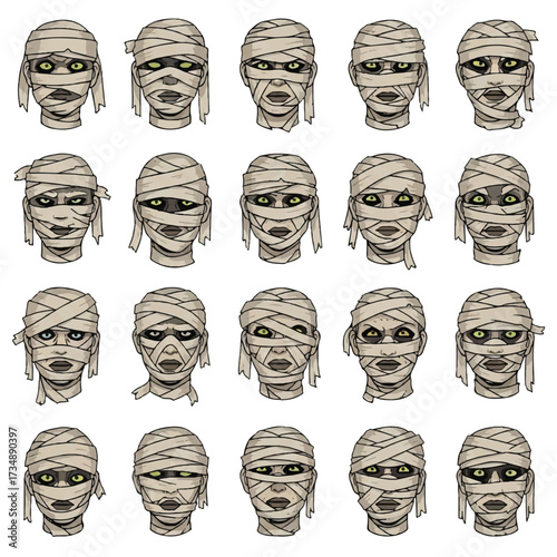 Grid of 20 mummy head portraits bandaged with varied facial expressions
