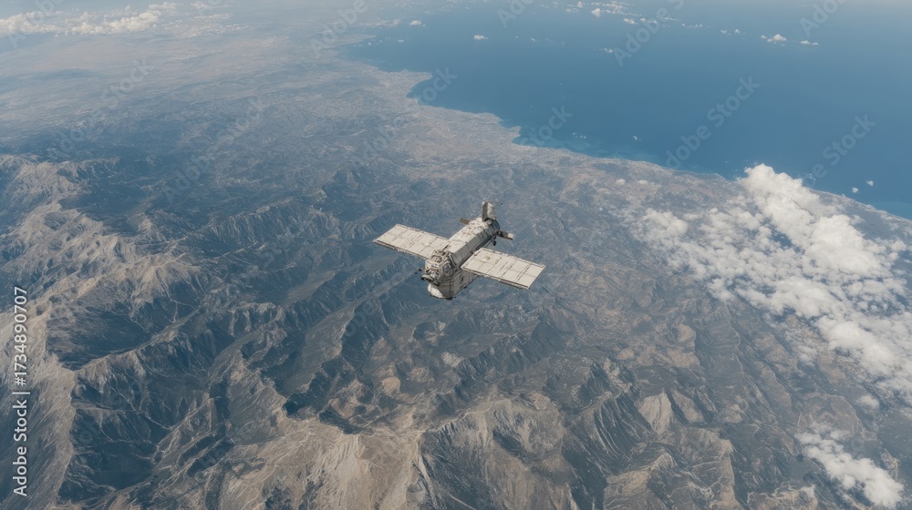 Obraz premium Satellite orbiting earth over mountains and ocean, space exploration concept